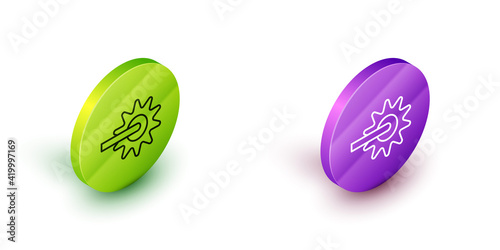 Isometric line Cowboy horse riding spur for boot icon isolated on white background. Green and purple circle buttons. Vector