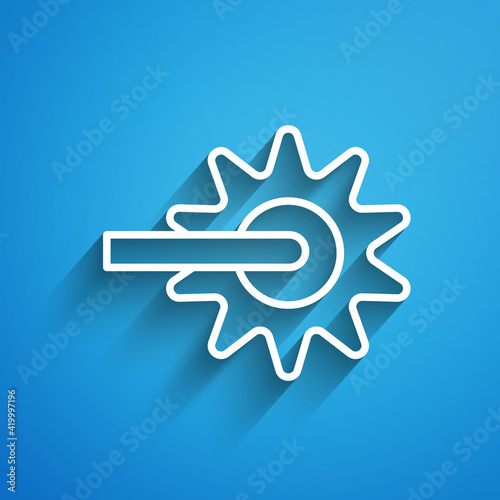 White line Cowboy horse riding spur for boot icon isolated on blue background. Long shadow. Vector