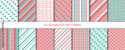 Big set of decorative seamless patterns of different geometric forms and hearts. Abstract diagonal lines, circles, stripes, polka dots. Endless repeat vector illustration for wallpaper, wrapping paper