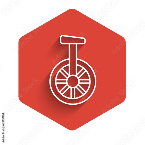 White line Unicycle or one wheel bicycle icon isolated with long shadow. Monowheel bicycle. Red hexagon button. Vector