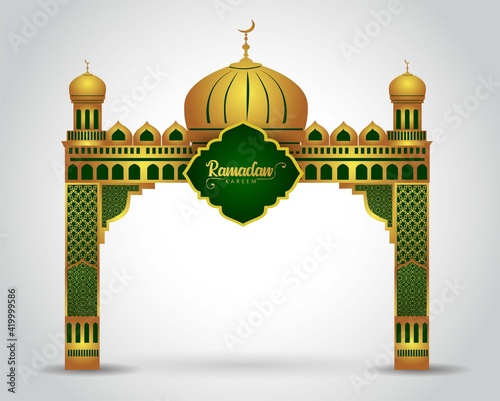 Ramadan background with golden event entrance arch, with golden arabic pattern, background for holy month of muslim community Ramadan Kareem.