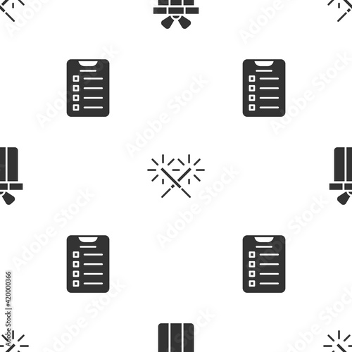 Set Gift box, Sparkler firework and New year goals list on seamless pattern. Vector