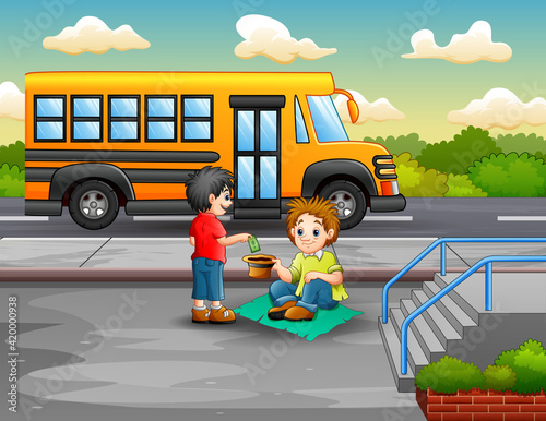 Illustration of a boy give money to a beggar