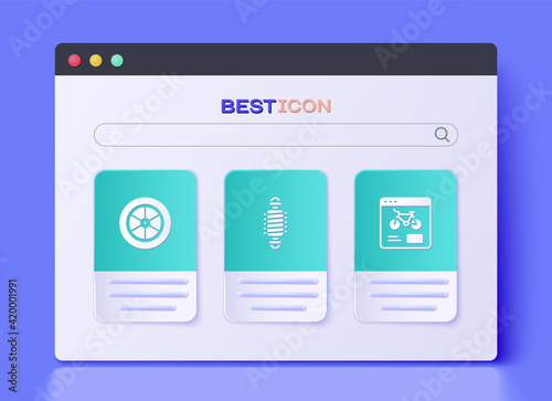 Set Bicycle suspension, wheel and rental mobile app icon. Vector