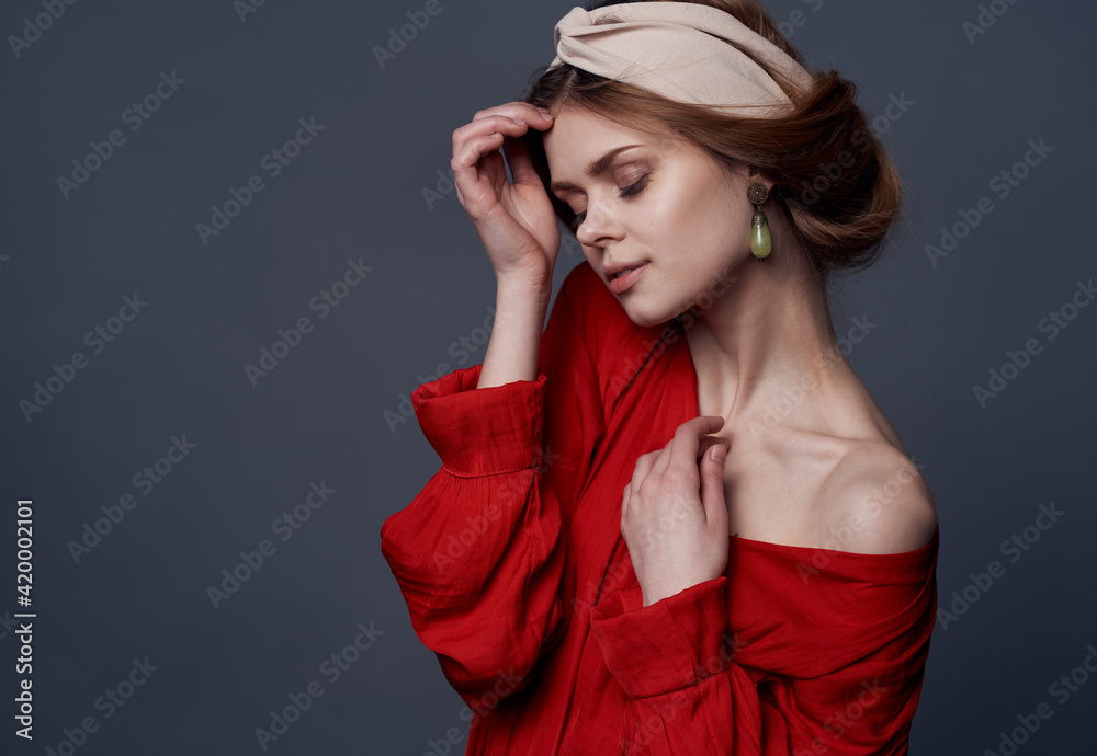 attractive woman red dress elegant style decoration studio gray background