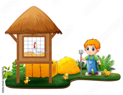 Young farmer and chickens on the farm illustration