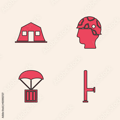 Set Police rubber baton, Military barracks, Army soldier and Airdrop box icon. Vector