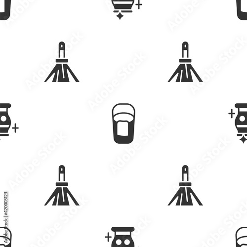 Set Clean vase, Bucket with rag and Handle broom on seamless pattern. Vector