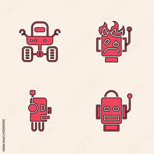 Set Robot, Mars rover, burned out and icon. Vector