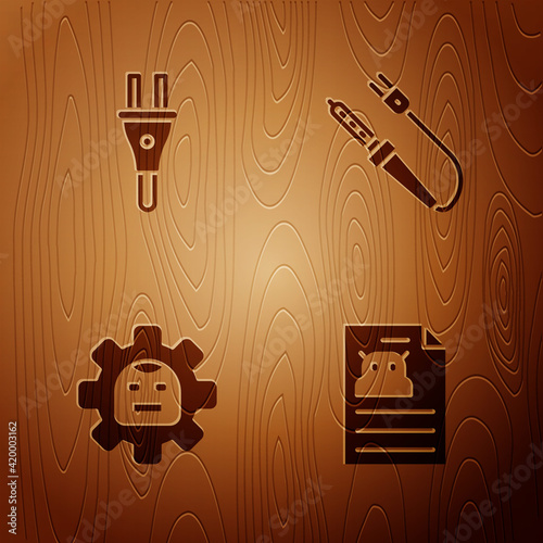 Set Technical specification, Electric plug, Robot and Soldering iron on wooden background. Vector