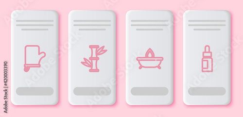 Set line Sauna mittens, Bamboo, Aroma candle and Essential oil bottle. White rectangle button. Vector