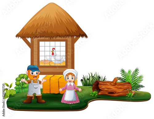 The farmers and chickens coop in the farm illustration