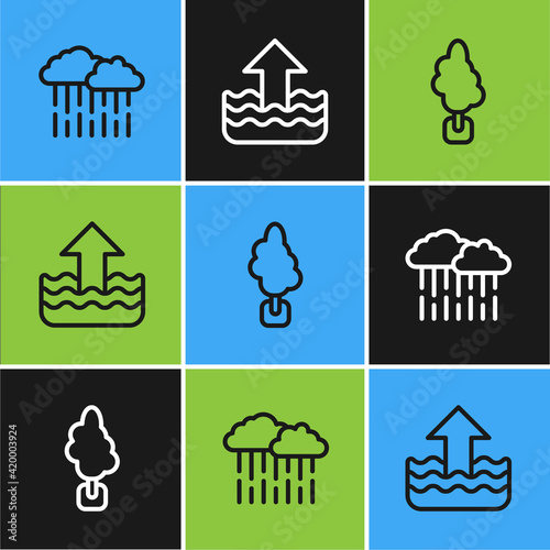 Set line Cloud with rain, Tree and Rise water level icon. Vector