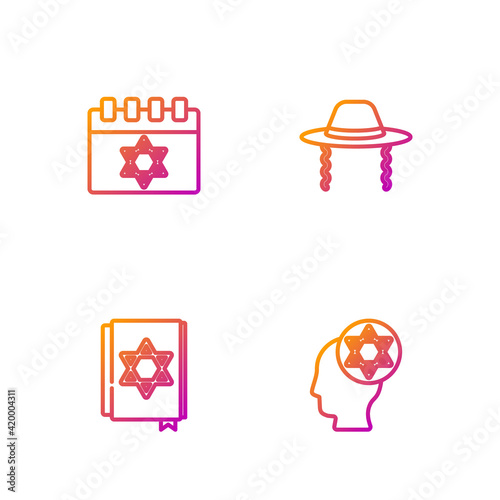 Set line Orthodox jewish hat, Jewish torah book, calendar and . Gradient color icons. Vector