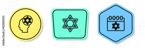 Set line Orthodox jewish hat, Star of David and Jewish calendar. Colored shapes. Vector