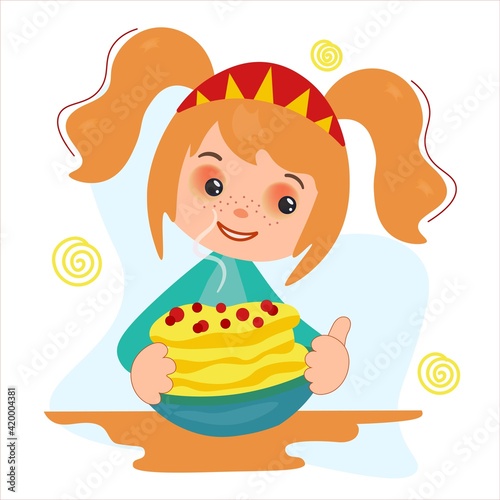 Little cartoon girl in a kokoshnik holding a plate of pancakes. Postcard on the theme of the Great Russian holiday. Maslenitsa. Vector illustration for banner or greeting card.
