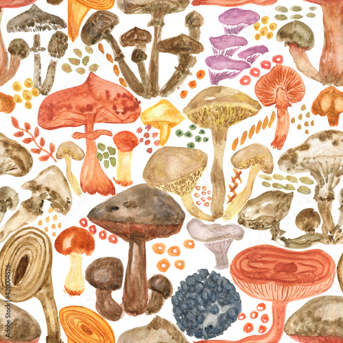 Colorful watercolor mushrooms seamless  pattern.  Hand Illustration for creating fabrics  wallpapers  gift wrapping paper  invitations  textile  scrapbooking.  Isolated on white background.