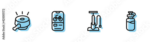 Set line Bicycle air pump, bell, rental mobile app and Sport bottle with water icon. Vector