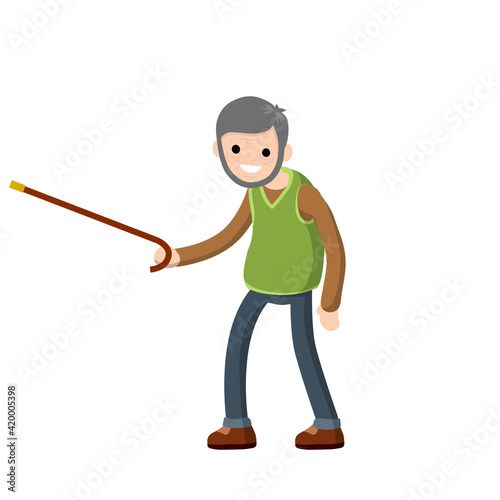 Funny old man with a cane. Senior point direction. Active Lifestyle and recreation grandfather. Cartoon flat illustration