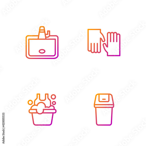 Set line Trash can, Basin with soap suds, Washbasin and Rubber gloves. Gradient color icons. Vector