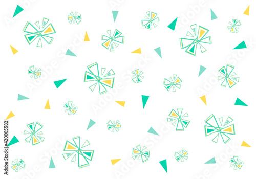 Geometric seamless pattern bright triangles of yellow and green colors scattered on a white background similar to a pattern of flowers
