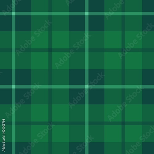 Green plaid seamless traditional scottish kilt pattern. Can be used as decoration fo saint Patrick Day or Christmas backdrop, fabric textile, blanket print. Stock vector illustration in simple style