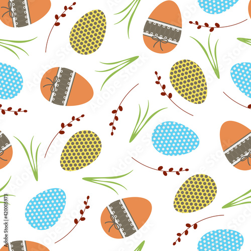 Eggs and pussy willow branches seamless pattern on white background