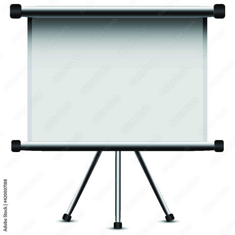 Blank portable projector screen. Blank pull-down portable projector screen on tripod 
