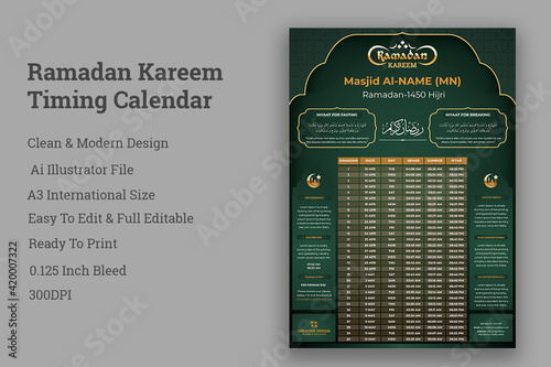 Ramadan Kareem Timing Calendar, Iftar & Sehri, Iftar & Sehri Calendar, Ramadan Kareem Timing Calendar, A3 Islamic Ramadan Calendar, Ramadan Prayer Timing Calendar, Ramadan calendar, Ramadan schedul