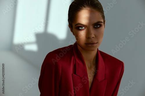 pretty woman attractive look and red jacket fashion
