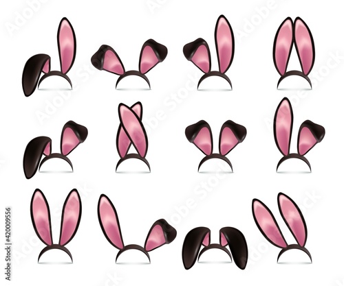 Rabbit ears realistic 3d vector illustrations set. Easter bunny ears kid headband, mask collection. Hare costume black and pink cartoon element. Photo editor, booth, video chat app isolated cliparts.