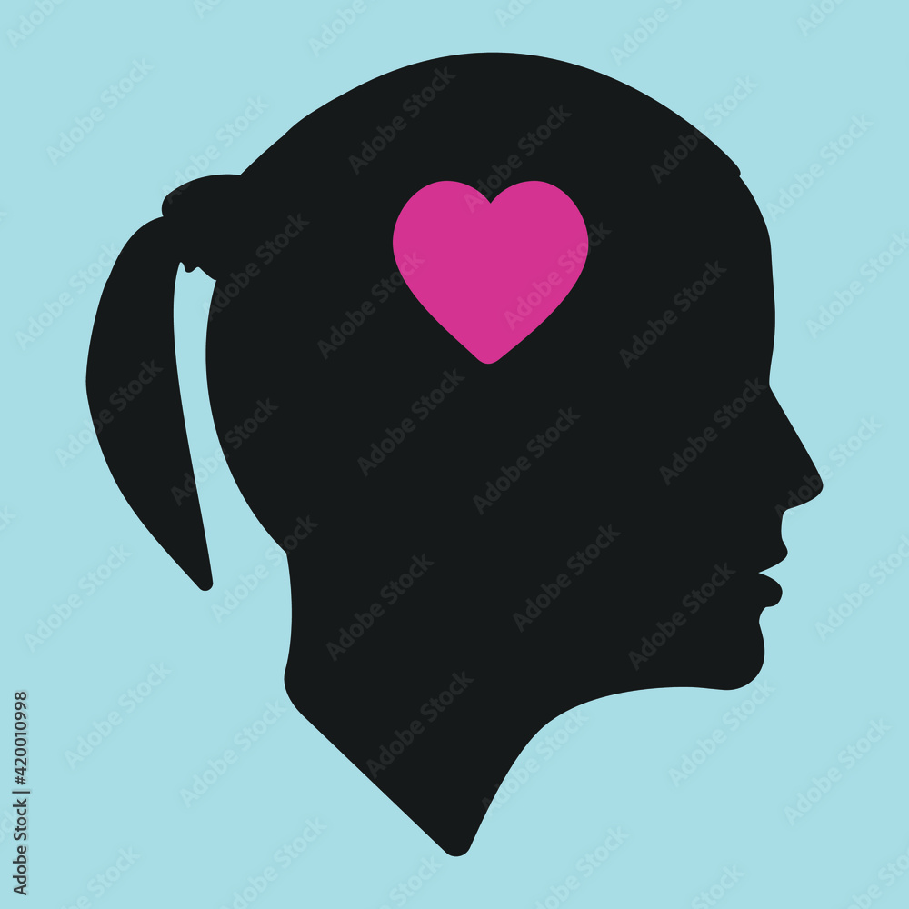 Silhouette. Silhouette of a girl with heart in head. Facial contours ...