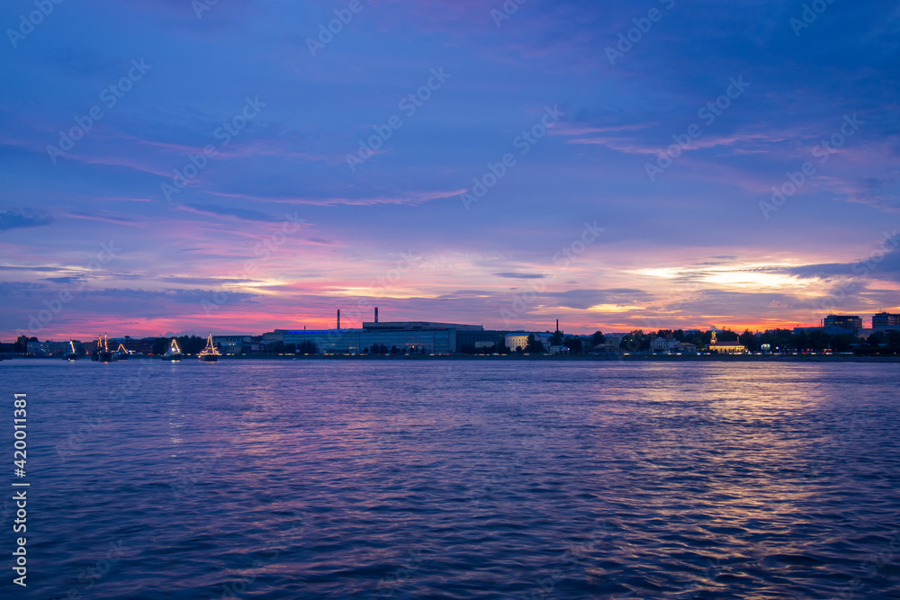Sunset over the Neva river in St. Petersburg