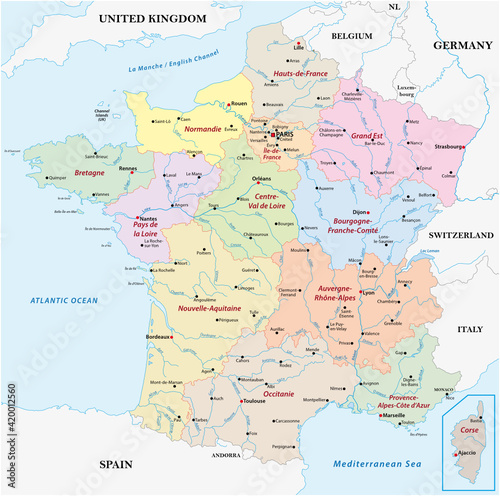 vector map France with the regions  rivers and the most important cities 