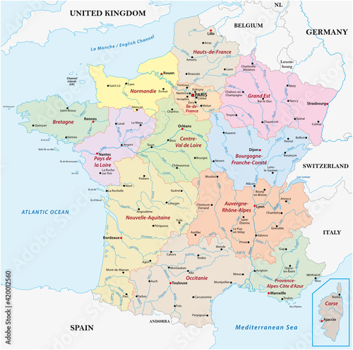 vector map France with the regions, rivers and the most important cities 