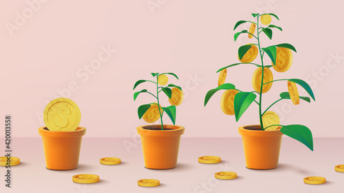 Realistic Money tree with gold coins dollars. Finance and banks, savings and investments. Vector
