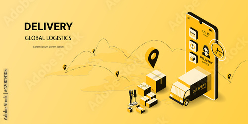 Isometric logistics and delivery online on mobile Application, online order, Digital marketing. Truck, warehouse and parcel box. Concept for website, banner and mobile website. Vector illustration