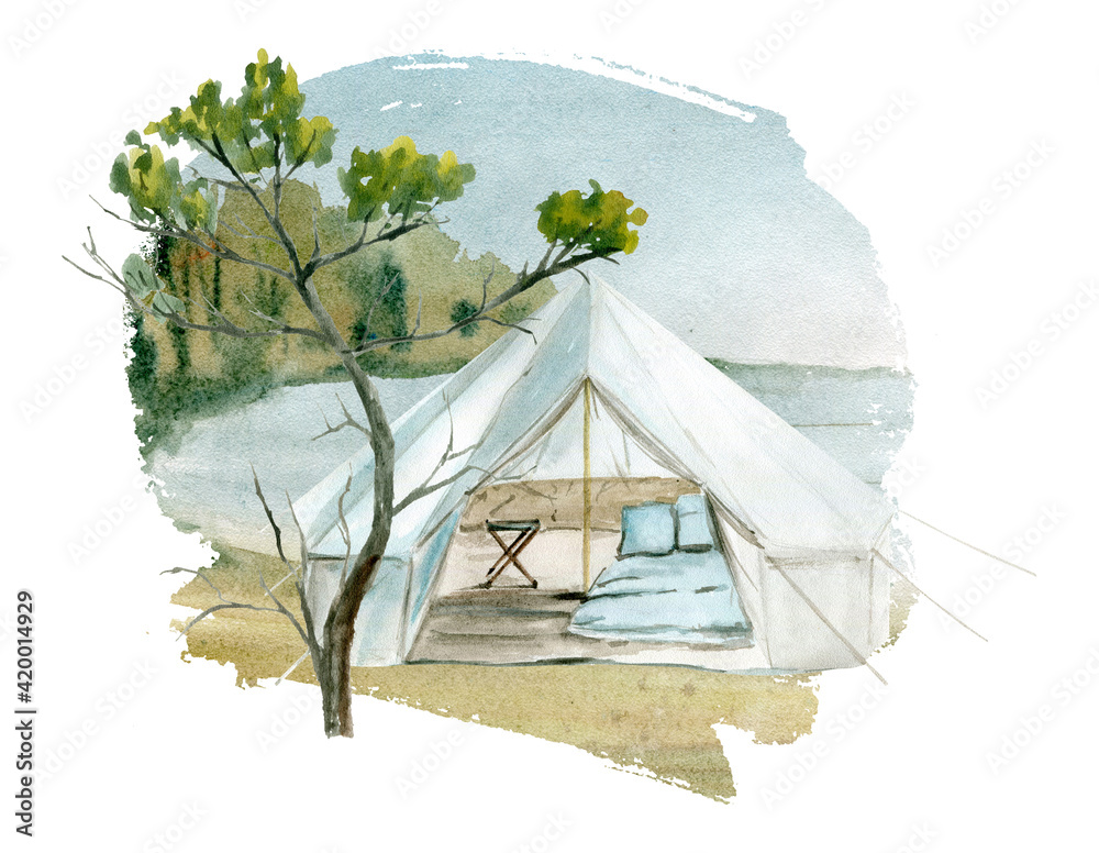 Watercolor illustration of a camping tent. Perfect for logo Stock ...