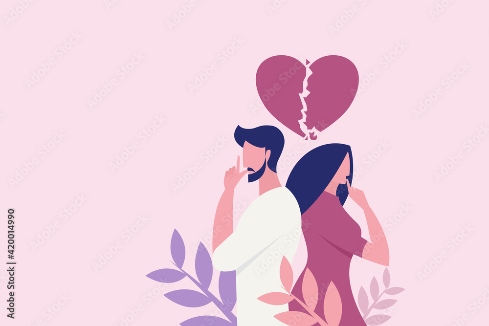 Illustration of a couple worried about their troubled love relationship Illustration of a couple worried about their troubled love relationship