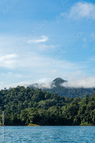Kenyir lake small islands with beautiful rainforest tropical jungle. Scenic landscape view. Located in Terengganu, Malaysia.