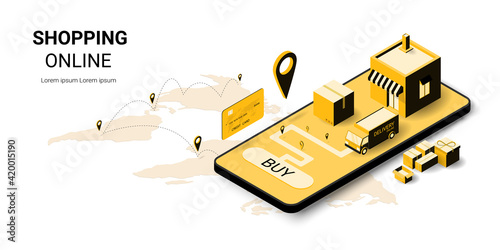 Online shopping on mobile Application, Online delivery application. Digital marketing. Truck, warehouse and parcel box. Concept of web page design for website, banner and mobile website. 3D vector