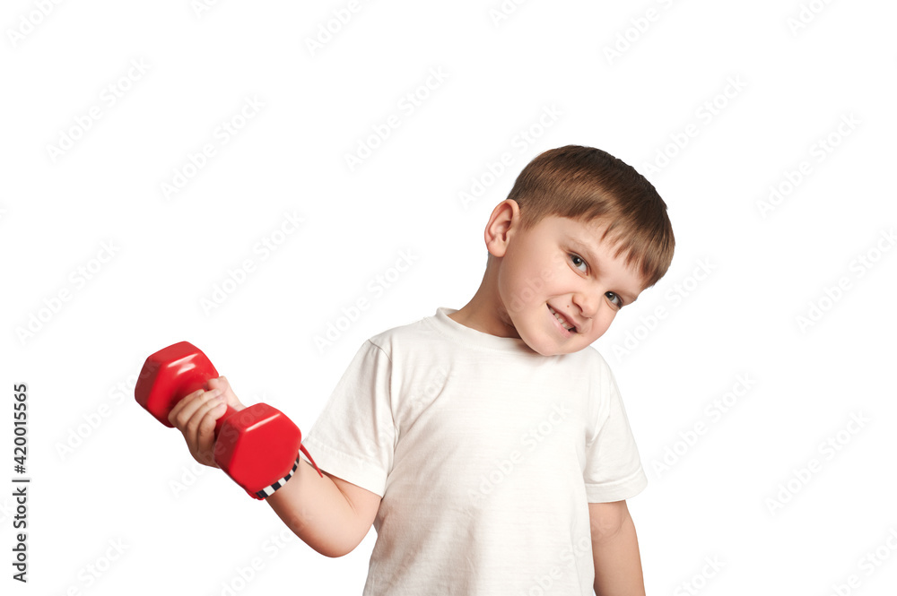 isolated child grimaces lifting a dumbbell on white background isolated child grimaces lifting a dumbbell on white background