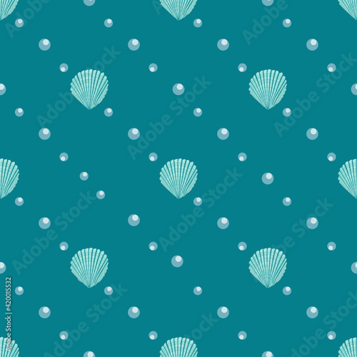 vector marine seamless pattern with water bubbles and seashells