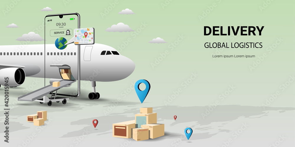 Online delivery by air service on mobile, Global logistic, transportation. Online order. Air logistics. airplane, warehouse and parcel box. Concept for website or banner. 3D  Vector illustration