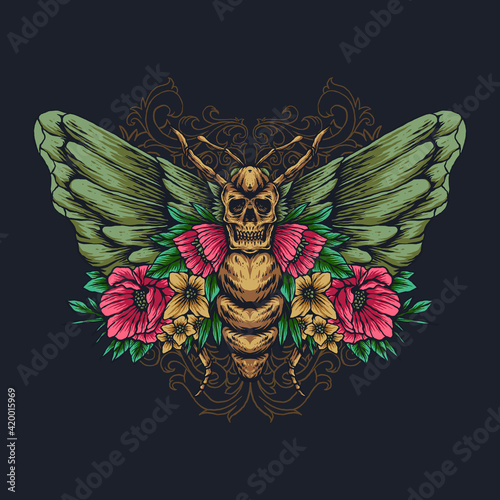 vintage skull butterfly design illustration