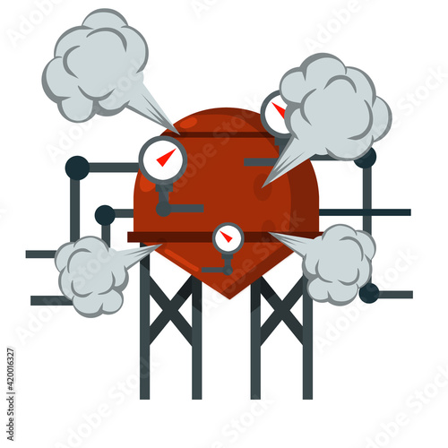 Overloaded steam boiler. Accident, explosion and smoke. Tank with pipe and dial. Sanitary engineering. Element of house, bath and toilet system. Cartoon flat illustration.