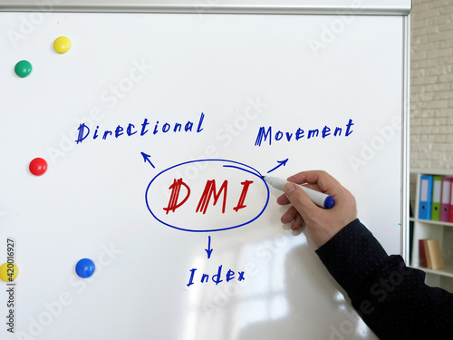  DMI Directional Movement Index on Concept photo. Teacher standing in front of students and writing something on white board in classroom photo