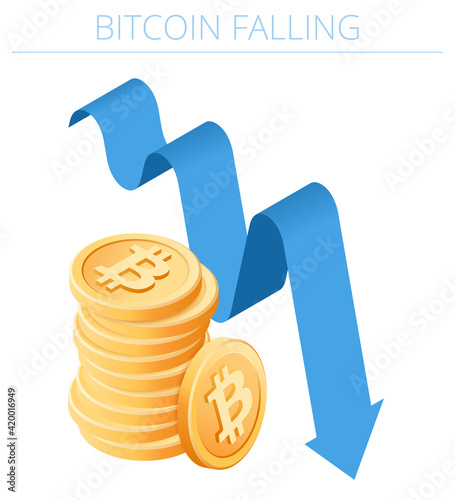An isometric blue decreasing arrow and stack of bitcoins. A Bitcoin Falling and Recession flat vector illustration. A cryptocurrency exchange concept. Isometric infographic template isolated on white 