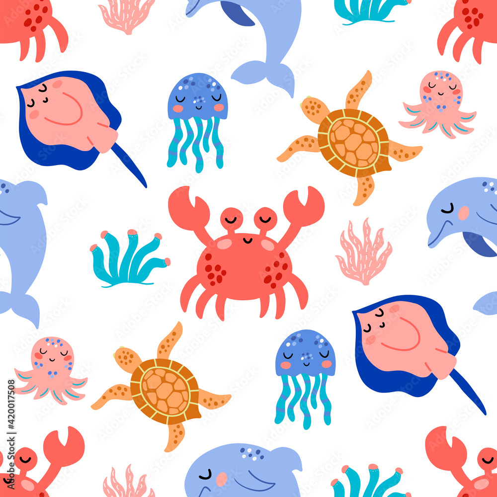 Seamless pattern with the image of cute sea animals in vector graphics. For the design of prints on fabrics, baby clothes, covers, wrapping paper