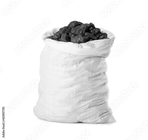Black coal in sack on white background photo